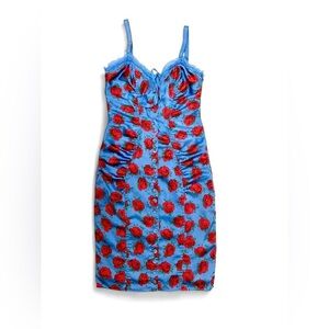 Betsey Johnson Blue Slip Dress with Red Rose Print